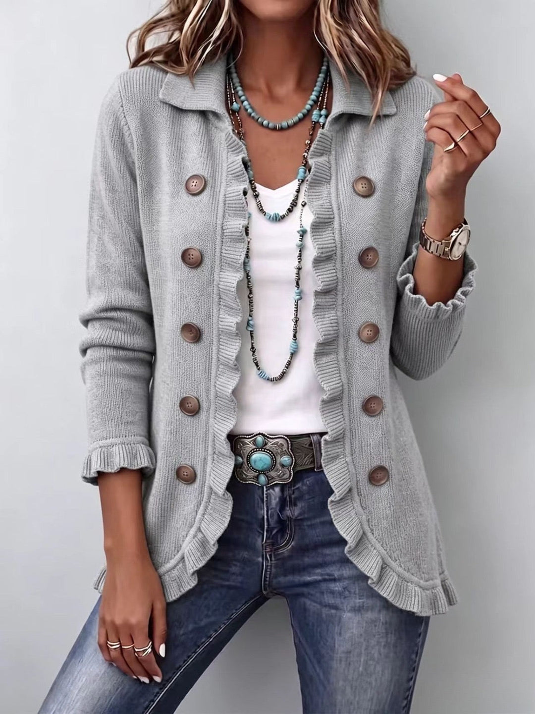 Heather Gray Ruffled Cardigan – product image