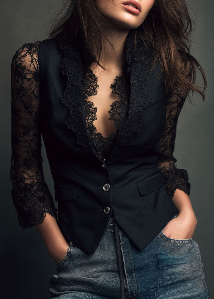 Women's Elegant Blazer Top with Lace Sleeves