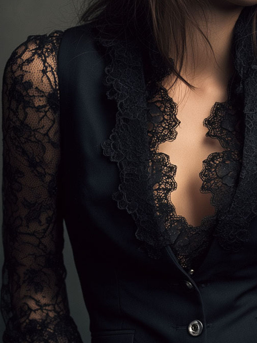 Women's Elegant Blazer Top with Lace Sleeves