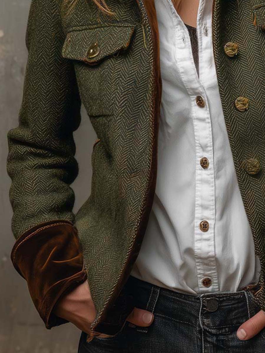 Herringbone Blazer with Contrast Piping