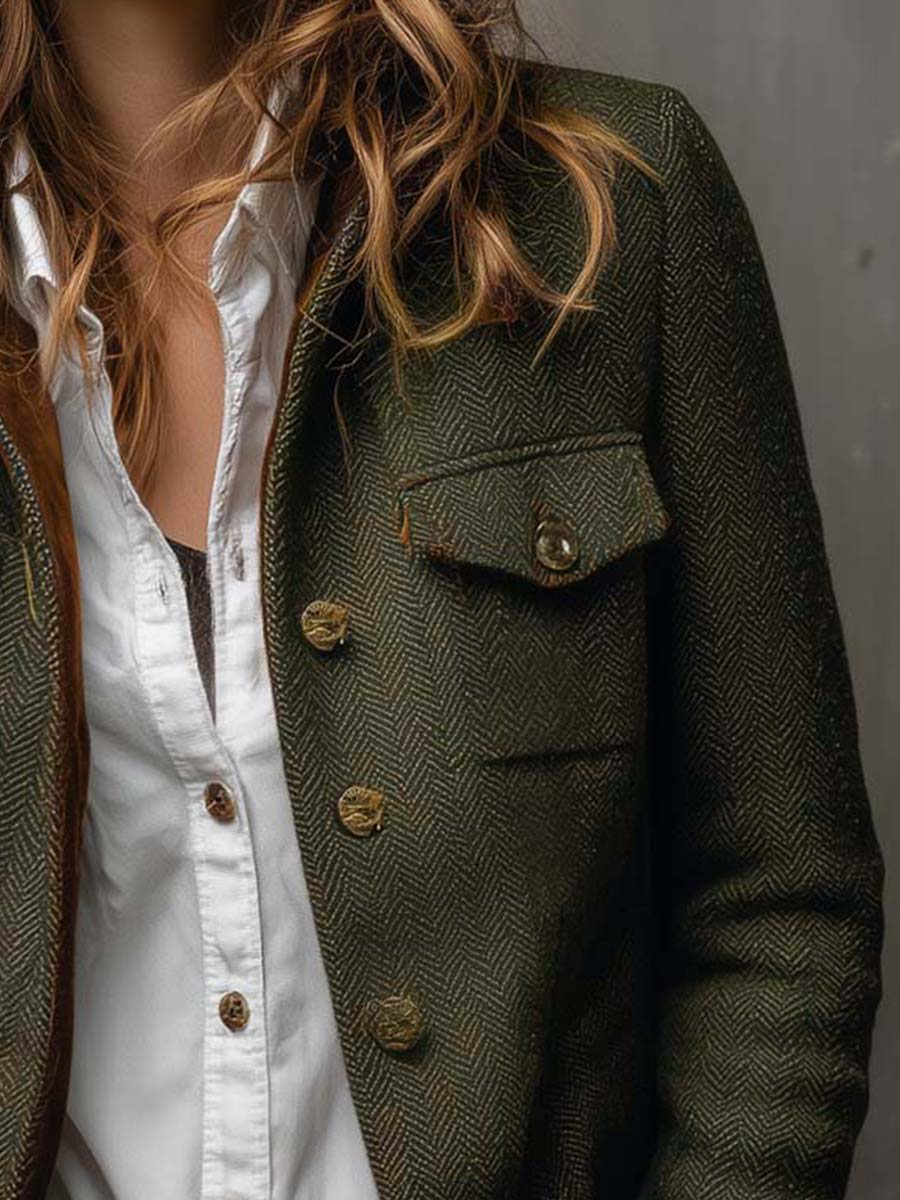 Herringbone Blazer with Contrast Piping