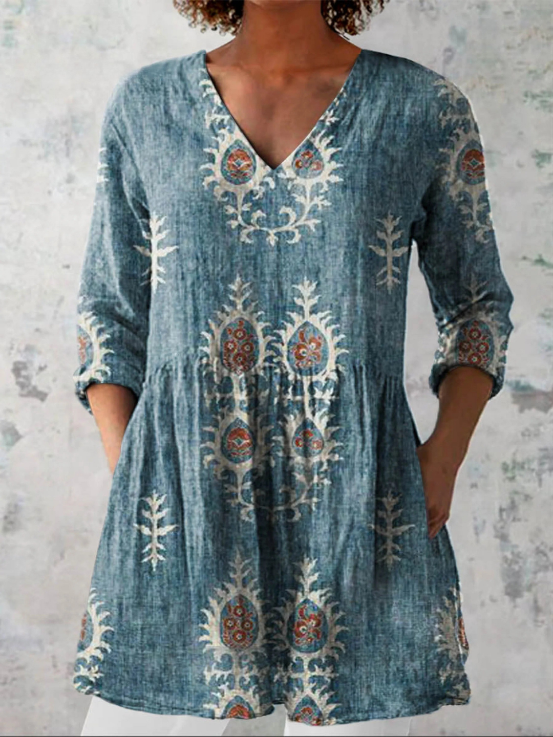 Women's Long Blouse with V-Neck