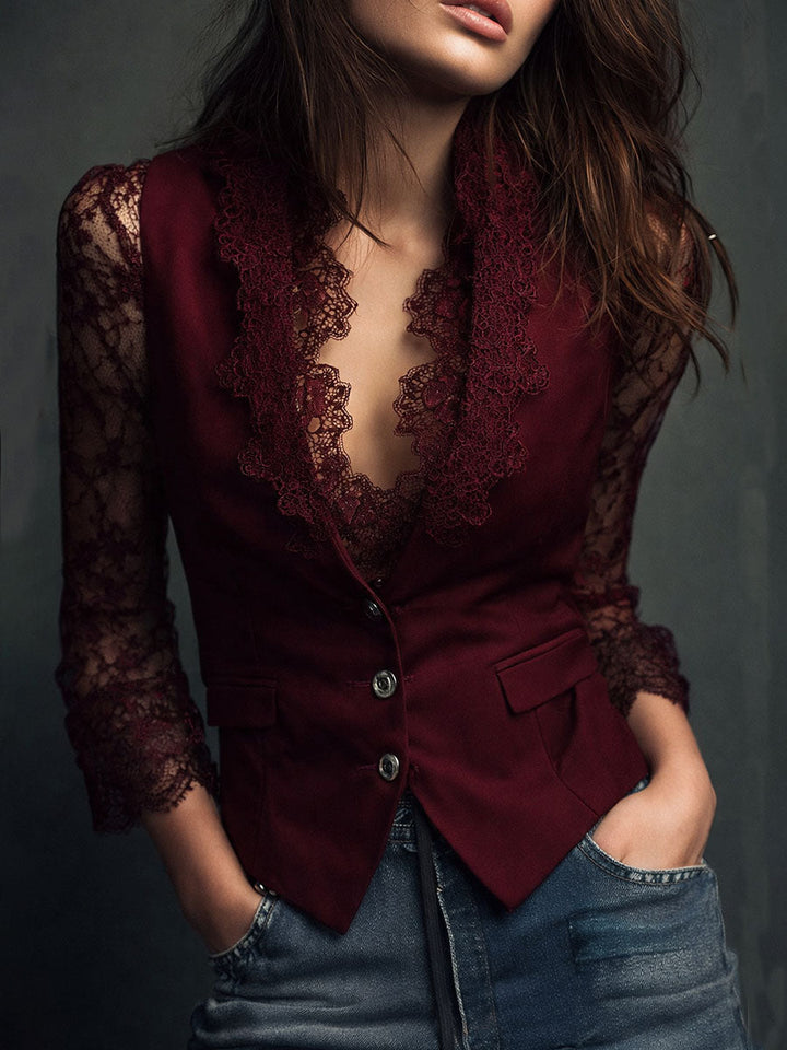 Women's Elegant Blazer Top with Lace Sleeves
