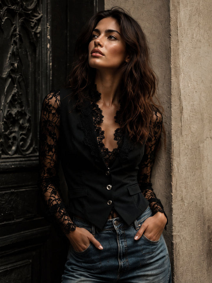 Women's Elegant Blazer Top with Lace Sleeves