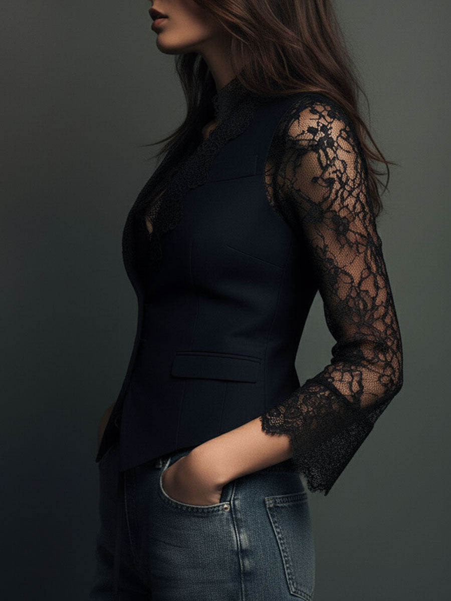 Women's Elegant Blazer Top with Lace Sleeves