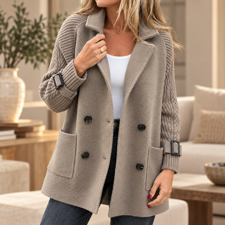 Double-Breasted Coat with Knit Sleeves