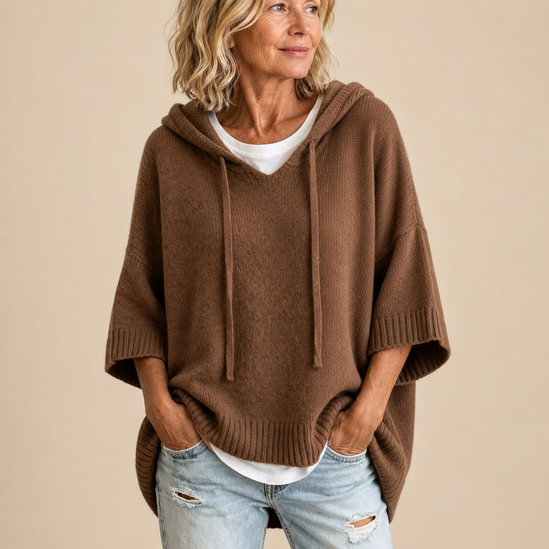 Hooded Knit Poncho with 3/4 Sleeves