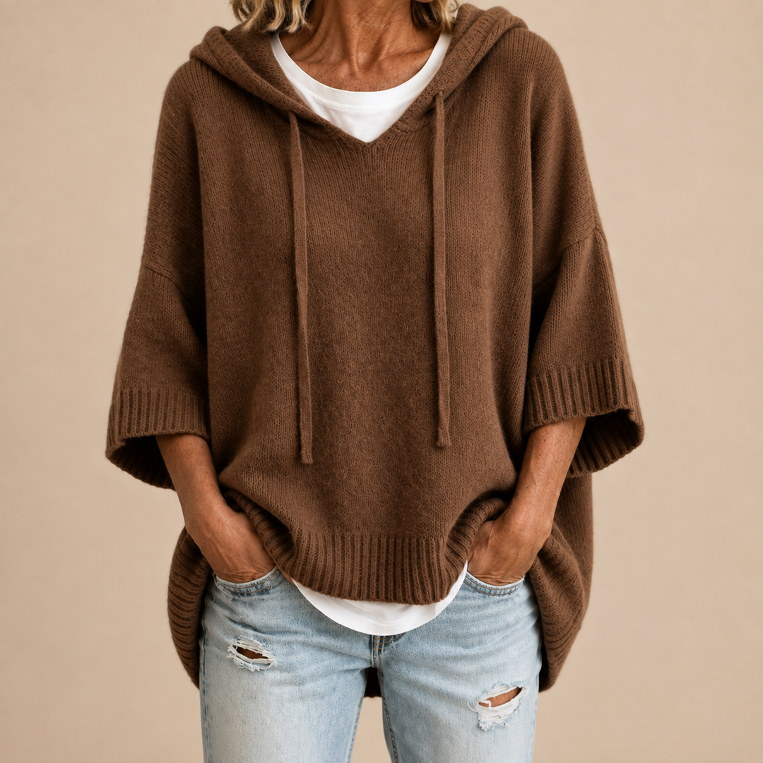Hooded Knit Poncho with 3/4 Sleeves