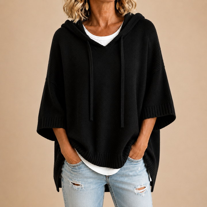 Hooded Knit Poncho with 3/4 Sleeves