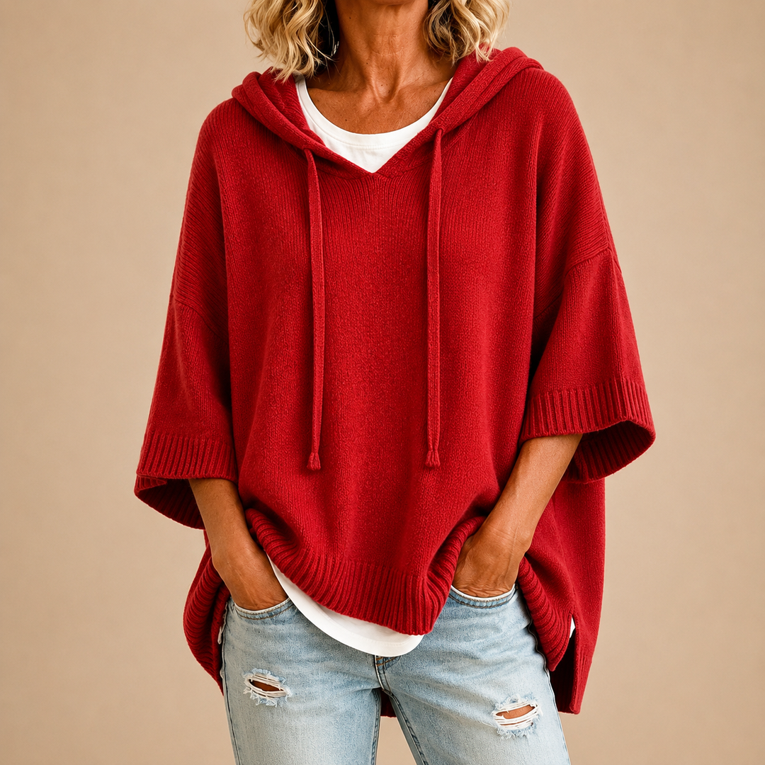 Hooded Knit Poncho with 3/4 Sleeves