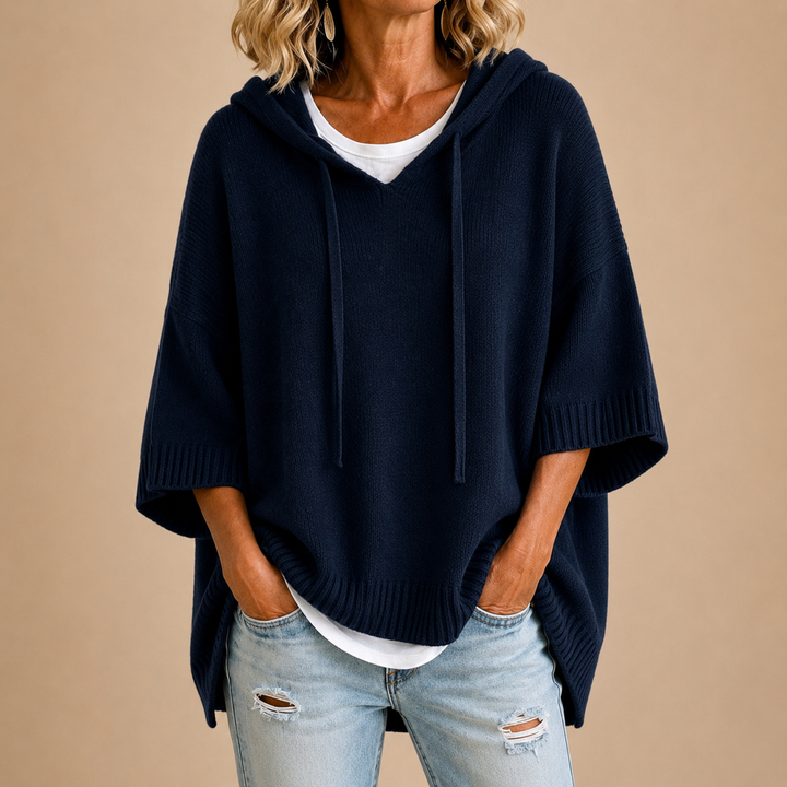 Hooded Knit Poncho with 3/4 Sleeves