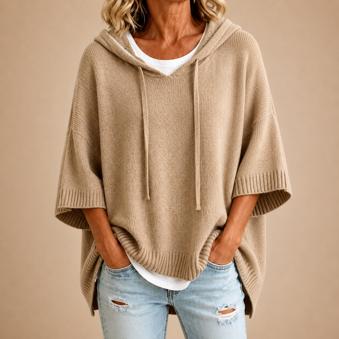 Hooded Knit Poncho with 3/4 Sleeves