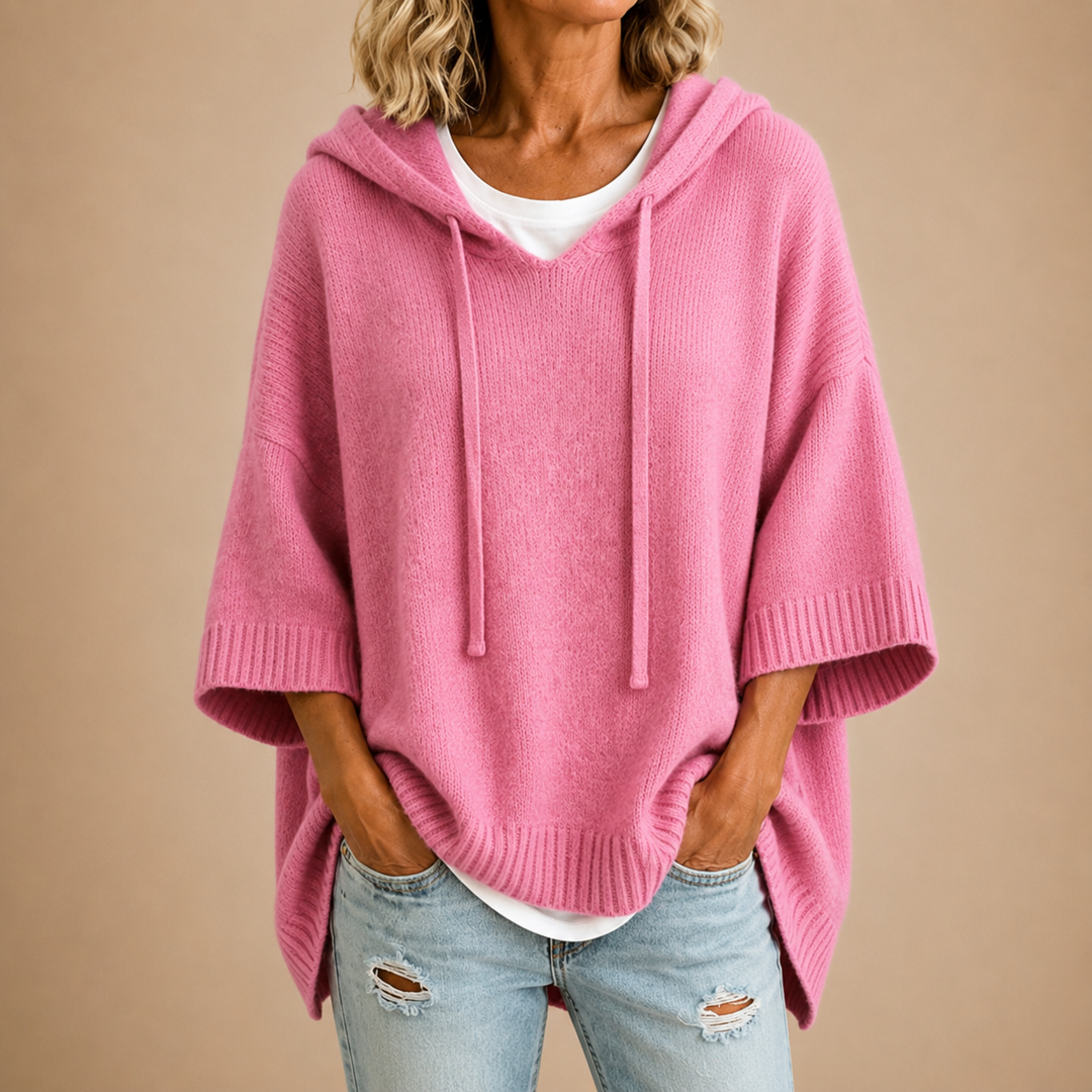 Hooded Knit Poncho with 3/4 Sleeves