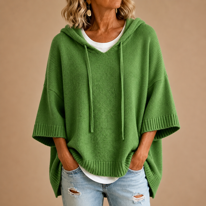 Hooded Knit Poncho with 3/4 Sleeves