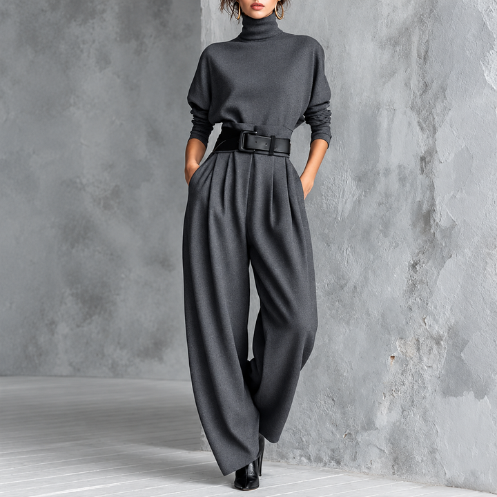 Elegant Two-Piece Set with Turtleneck and High-Waisted Pants