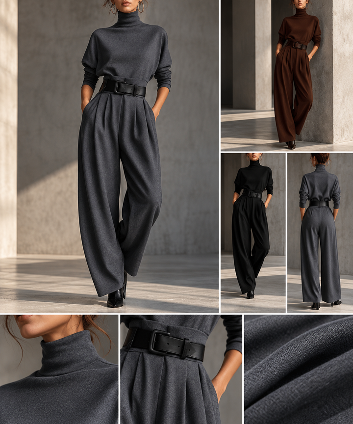 Elegant Two-Piece Set with Turtleneck and High-Waisted Pants