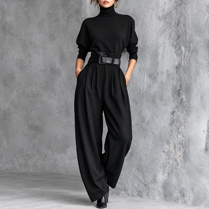 Elegant Two-Piece Set with Turtleneck and High-Waisted Pants