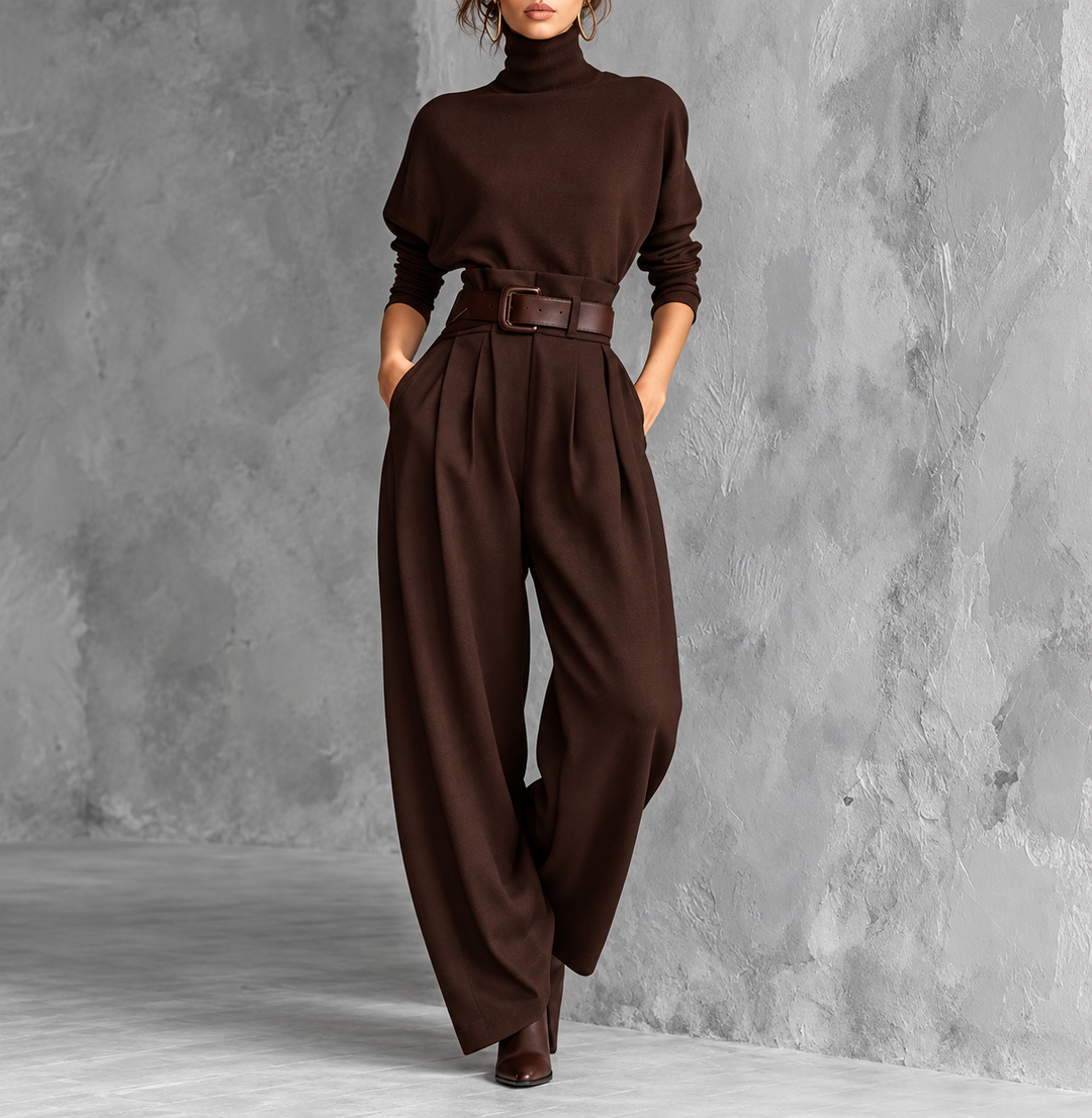 Elegant Two-Piece Set with Turtleneck and High-Waisted Pants