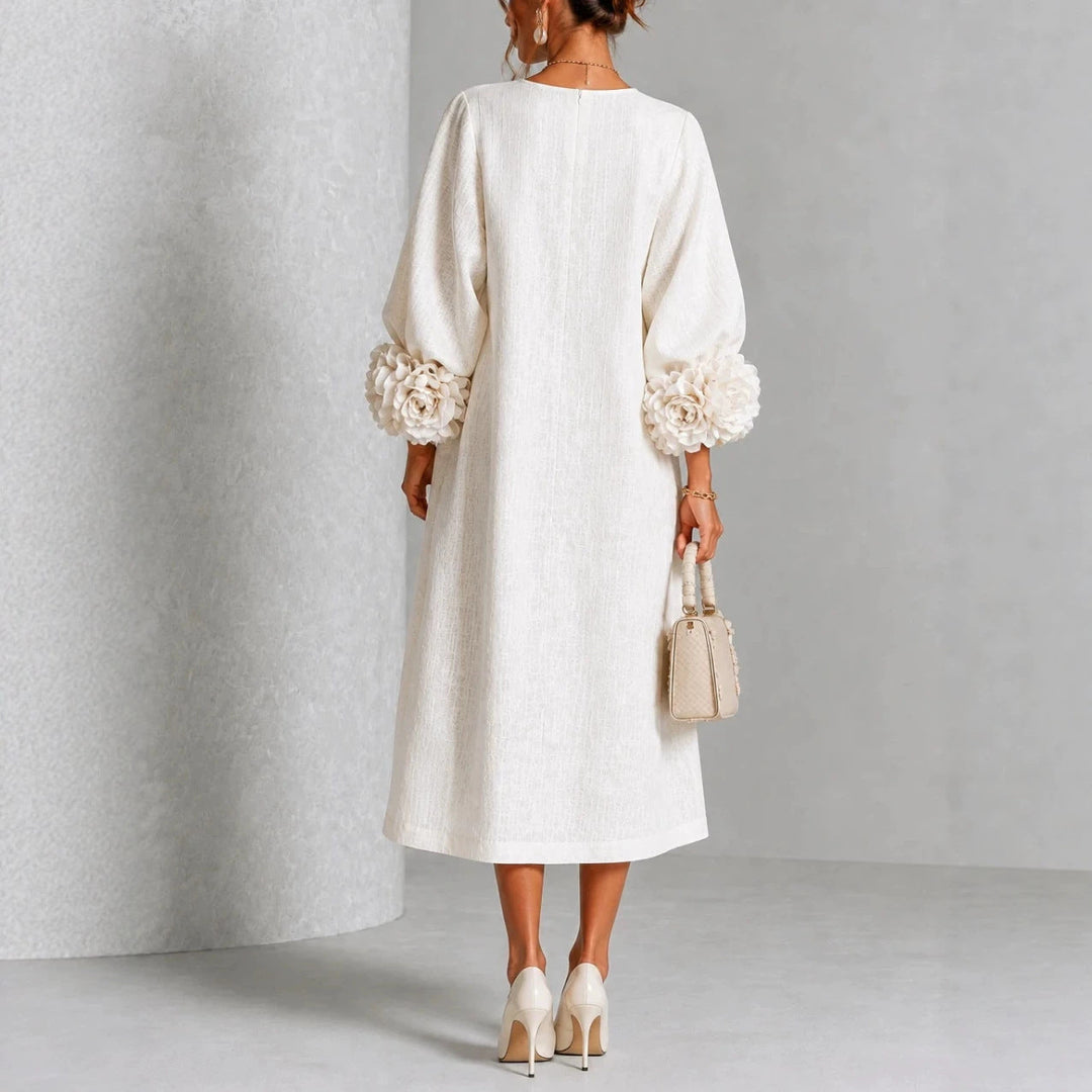 Button-Front Midi Dress with Rosette Cuffs