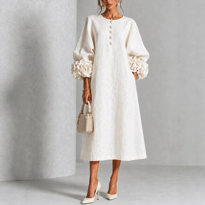 Button-Front Midi Dress with Rosette Cuffs