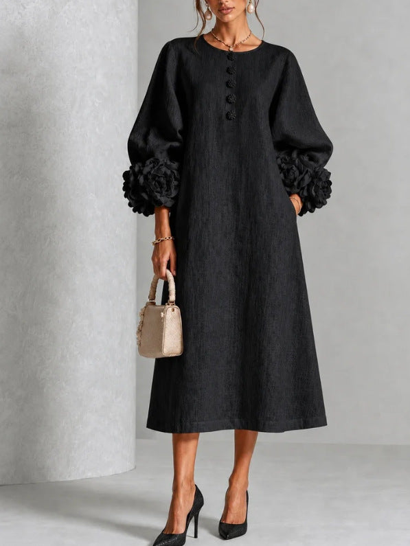 Button-Front Midi Dress with Rosette Cuffs