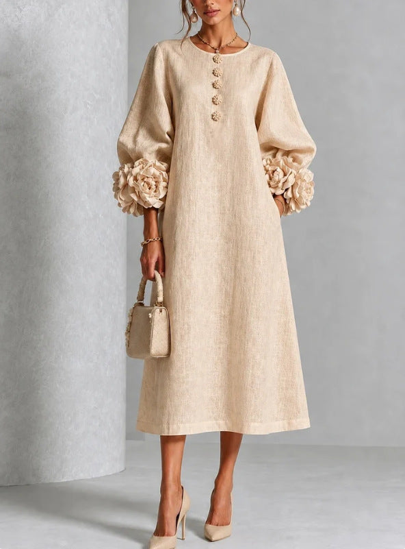 Button-Front Midi Dress with Rosette Cuffs