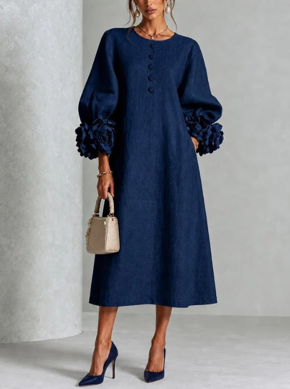 Button-Front Midi Dress with Rosette Cuffs