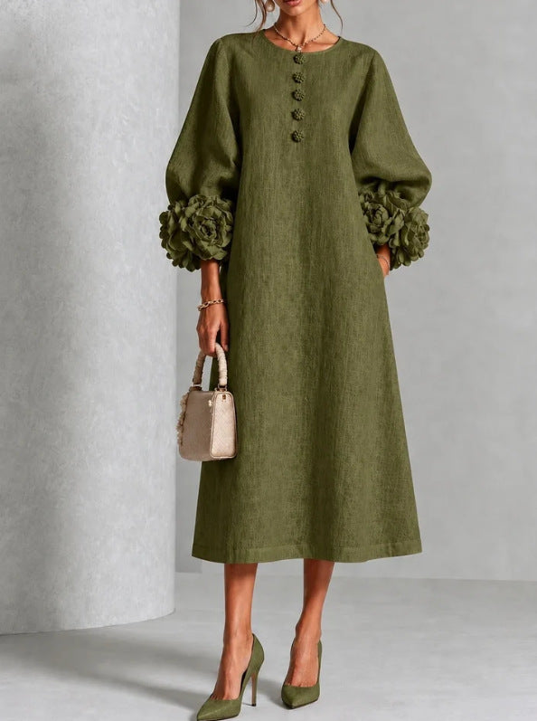 Button-Front Midi Dress with Rosette Cuffs