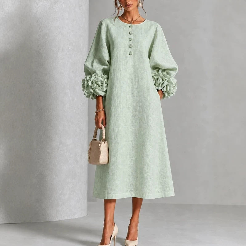 Button-Front Midi Dress with Rosette Cuffs