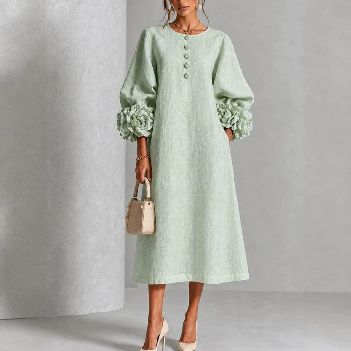 Button-Front Midi Dress with Rosette Cuffs