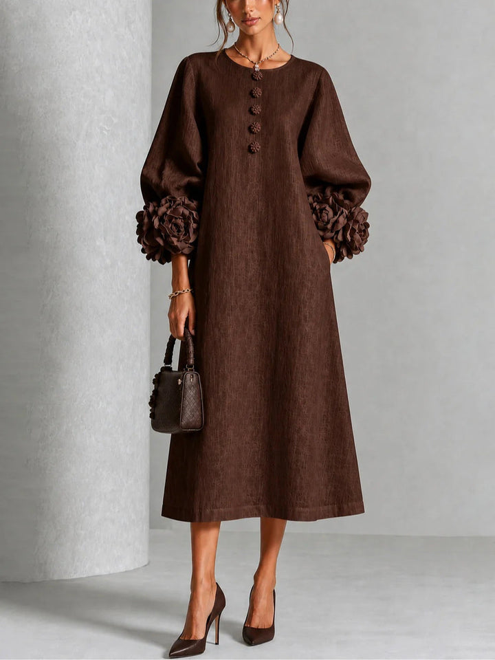 Button-Front Midi Dress with Rosette Cuffs