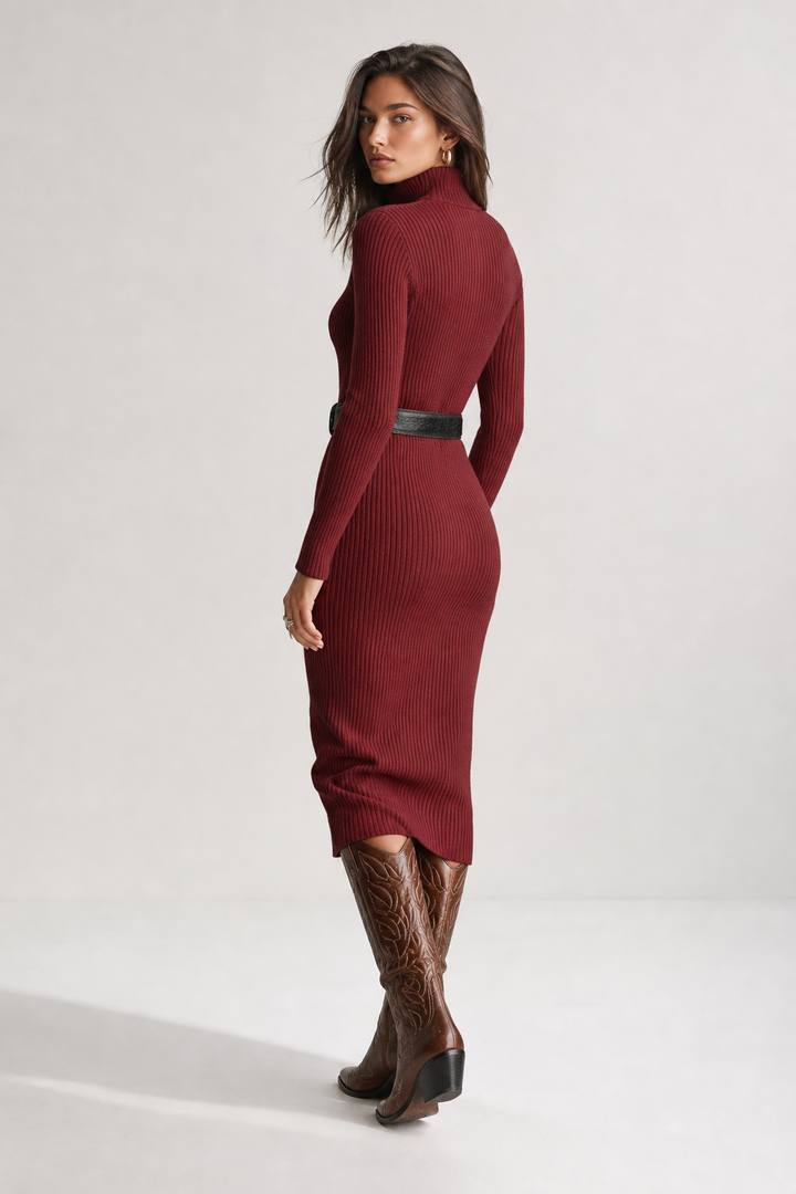 Ribbed Knit Midi Dress with Half-Zip and Belt