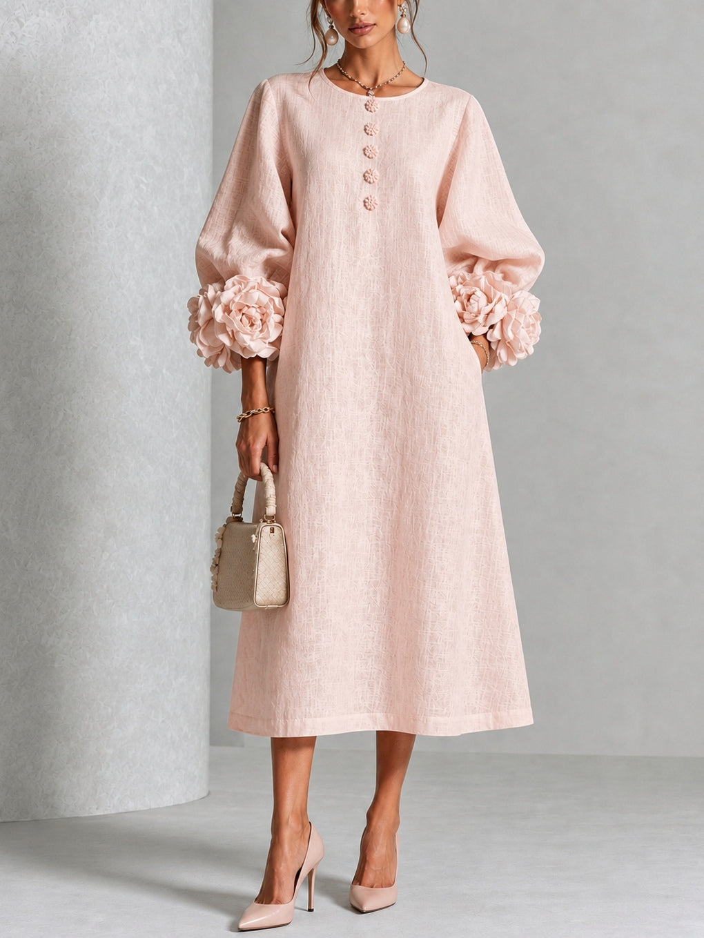 Button-Front Midi Dress with Rosette Cuffs