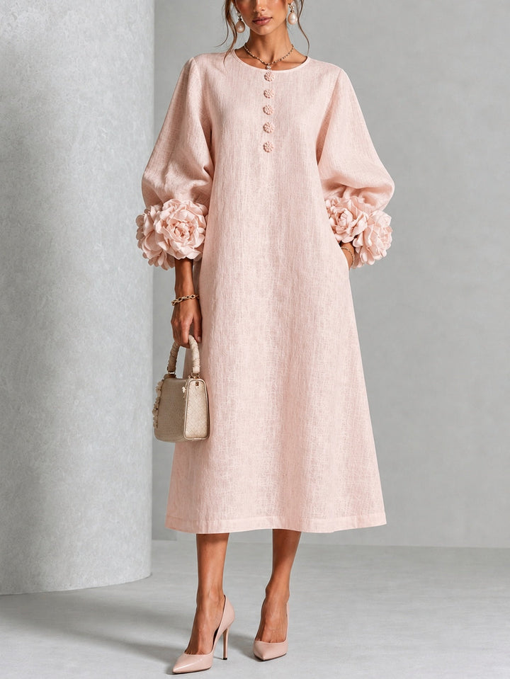 Button-Front Midi Dress with Rosette Cuffs