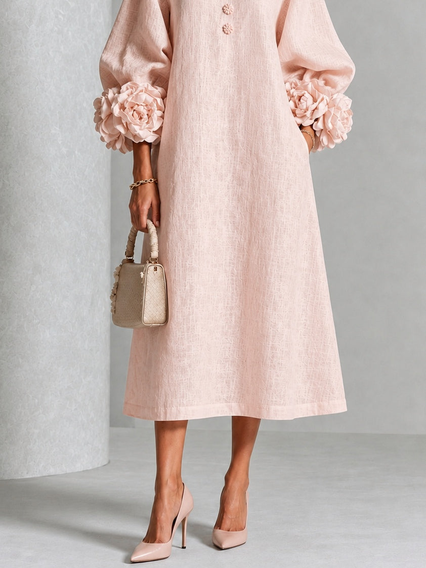 Button-Front Midi Dress with Rosette Cuffs