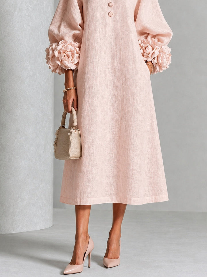 Button-Front Midi Dress with Rosette Cuffs