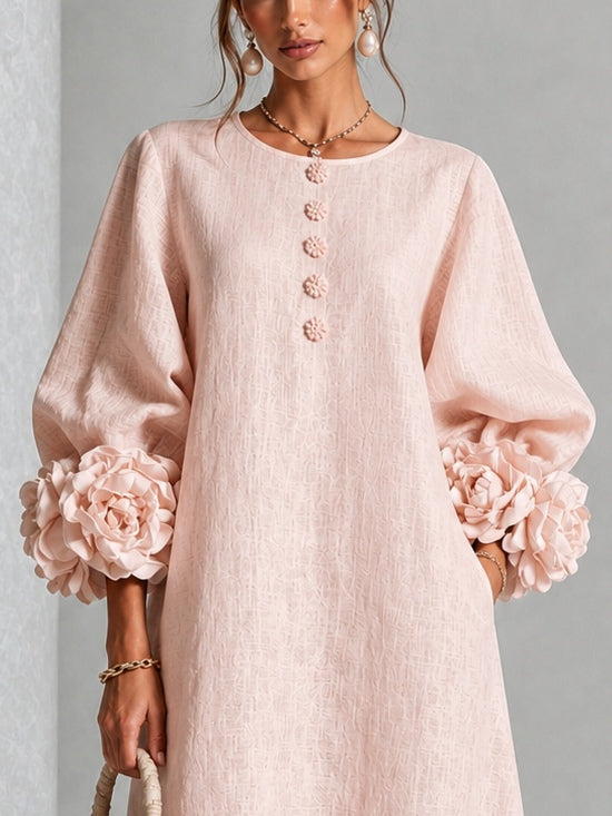 Button-Front Midi Dress with Rosette Cuffs