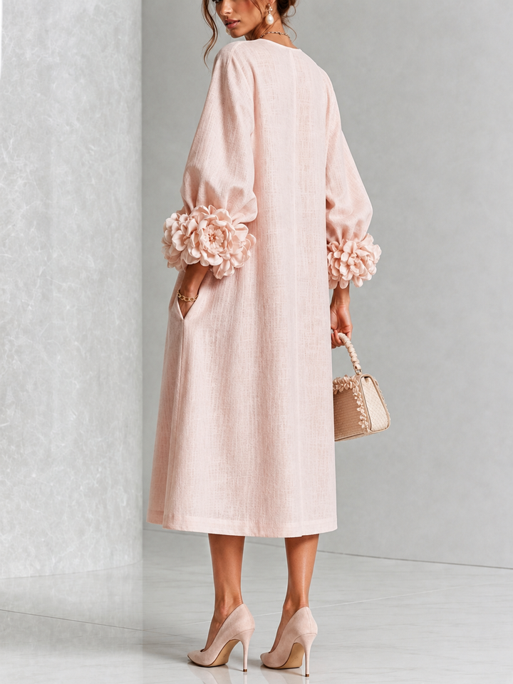 Button-Front Midi Dress with Rosette Cuffs