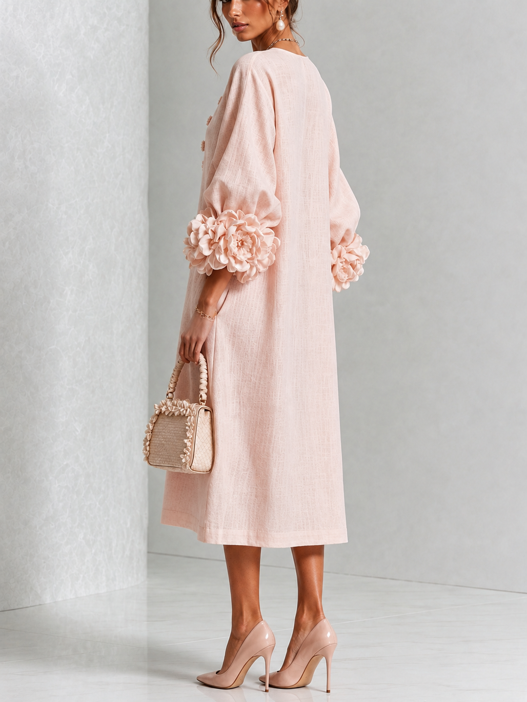 Button-Front Midi Dress with Rosette Cuffs