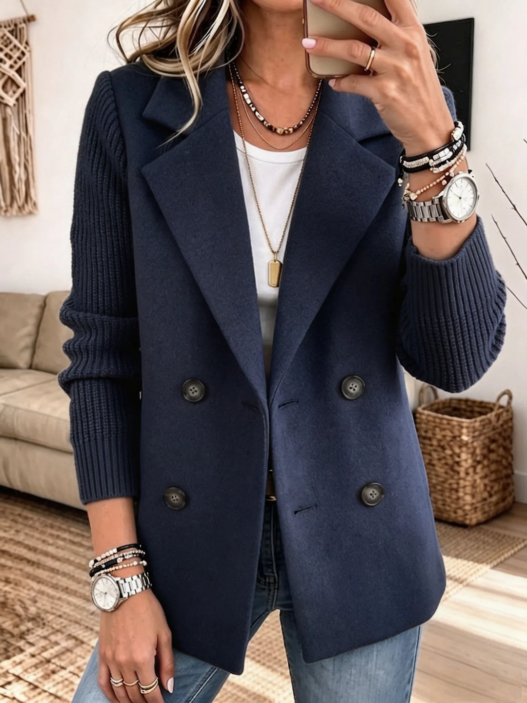 Women's Elegant Blazer with Knit Sleeves