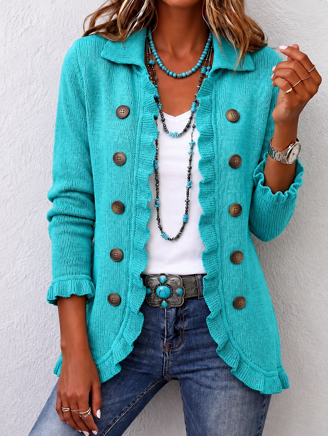 Turquoise Ruffled Cardigan – product image