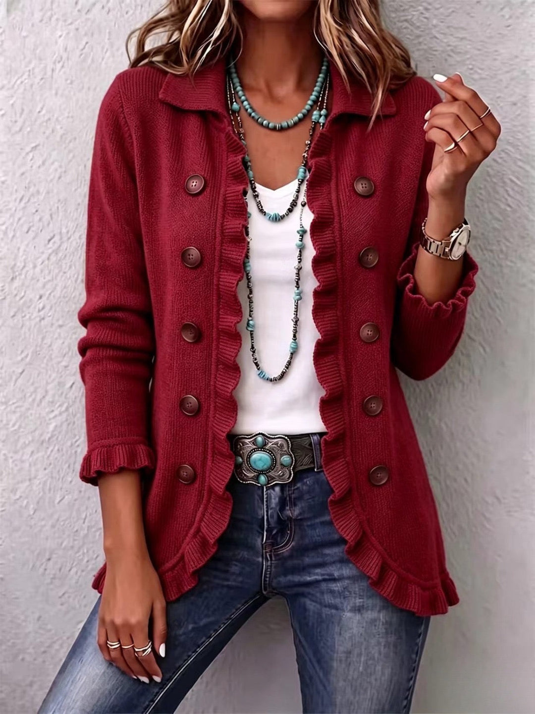 Ruby Red Ruffled Cardigan – product image