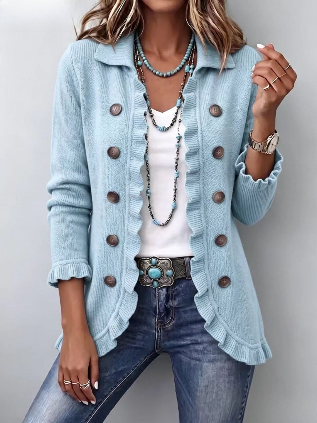 Powder Blue Ruffled Cardigan – product image