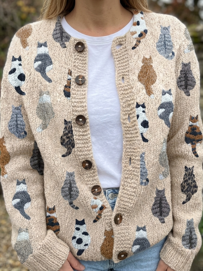 Women's Cozy Cat Print Cardigan