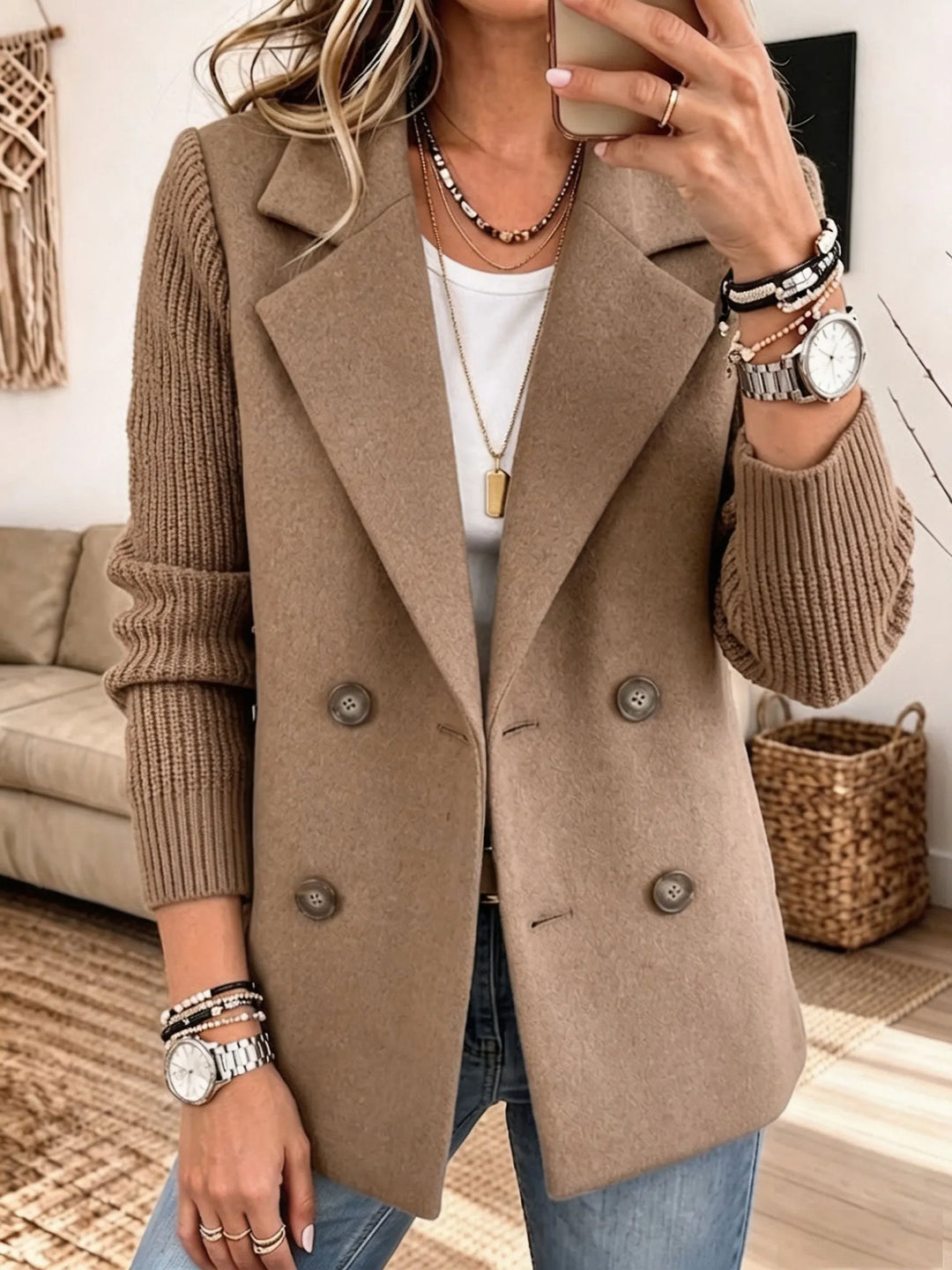 Women's Elegant Blazer with Knit Sleeves