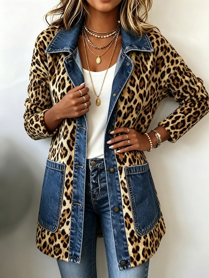 Long Leopard Jacket with Blue Contrast Details – product image