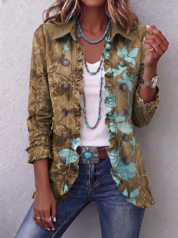 Floral Jacket in Olive and Turquoise with Ruffles – product image