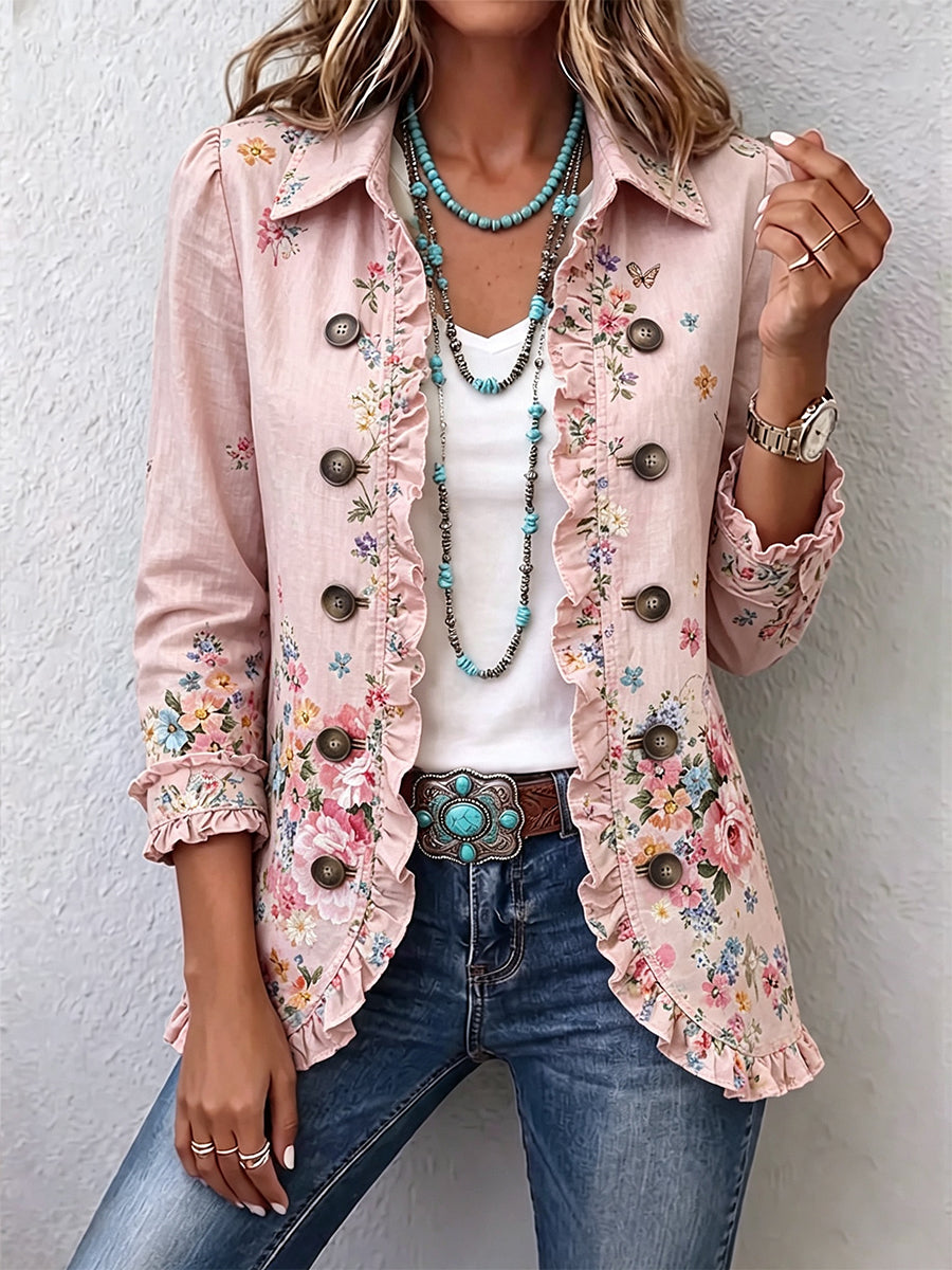Pink Floral Jacket with Ruffles and Buttons – product image