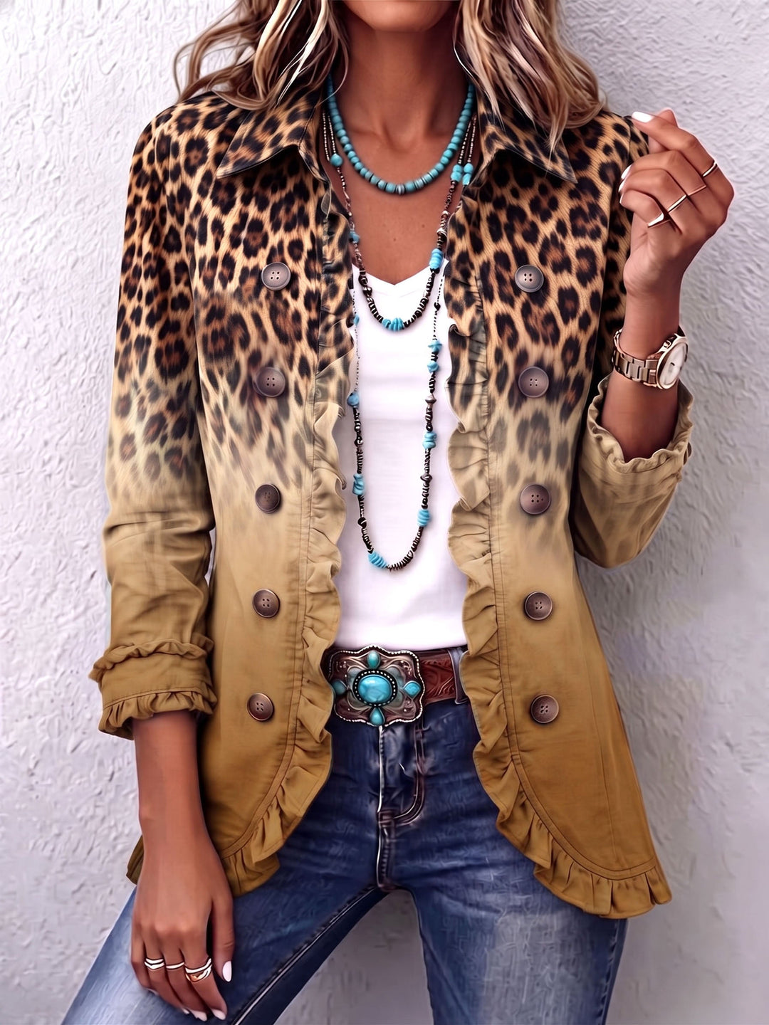 Ochre Leopard Blazer with Ruffles – product image
