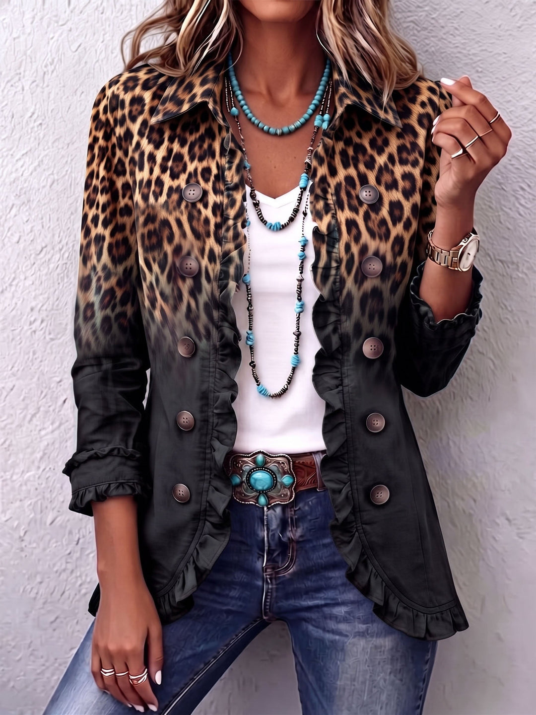 Black Leopard Blazer with Ruffles – product image